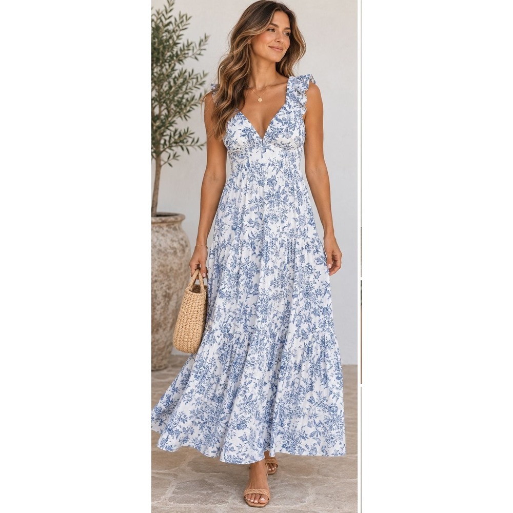 Hunter & Brown Blue White Toile Floral Ruffle Maxi Dress Size M
